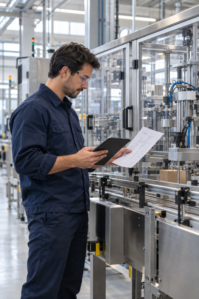 Imagem ilustrativa de profissional analisando documentação técnica ao lado de máquina industrial.